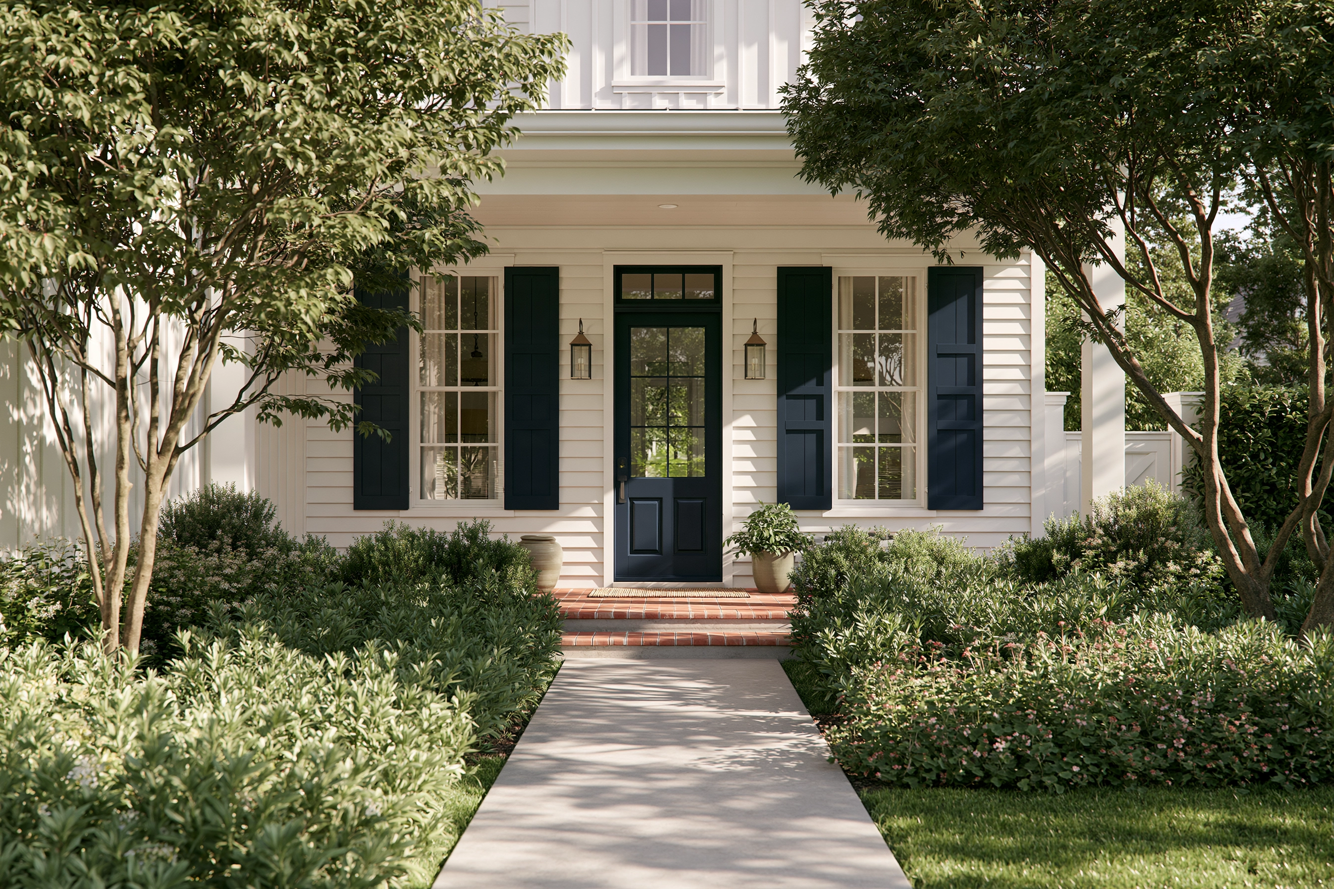 Digital architectural artwork of a clean concrete path leading through green planting to brick steps, ivory siding and a navy front door.