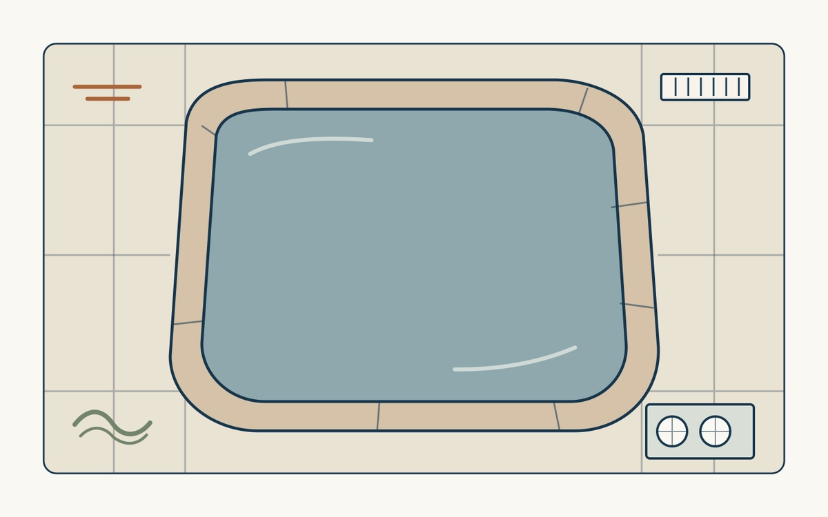 Overhead schematic of a swimming pool with a separate coping rim, jointed surrounding deck, a drain grate and nearby equipment