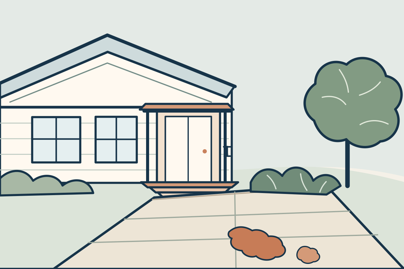 Clean line illustration of a house, broad driveway, clay-stained patches and planting near the work