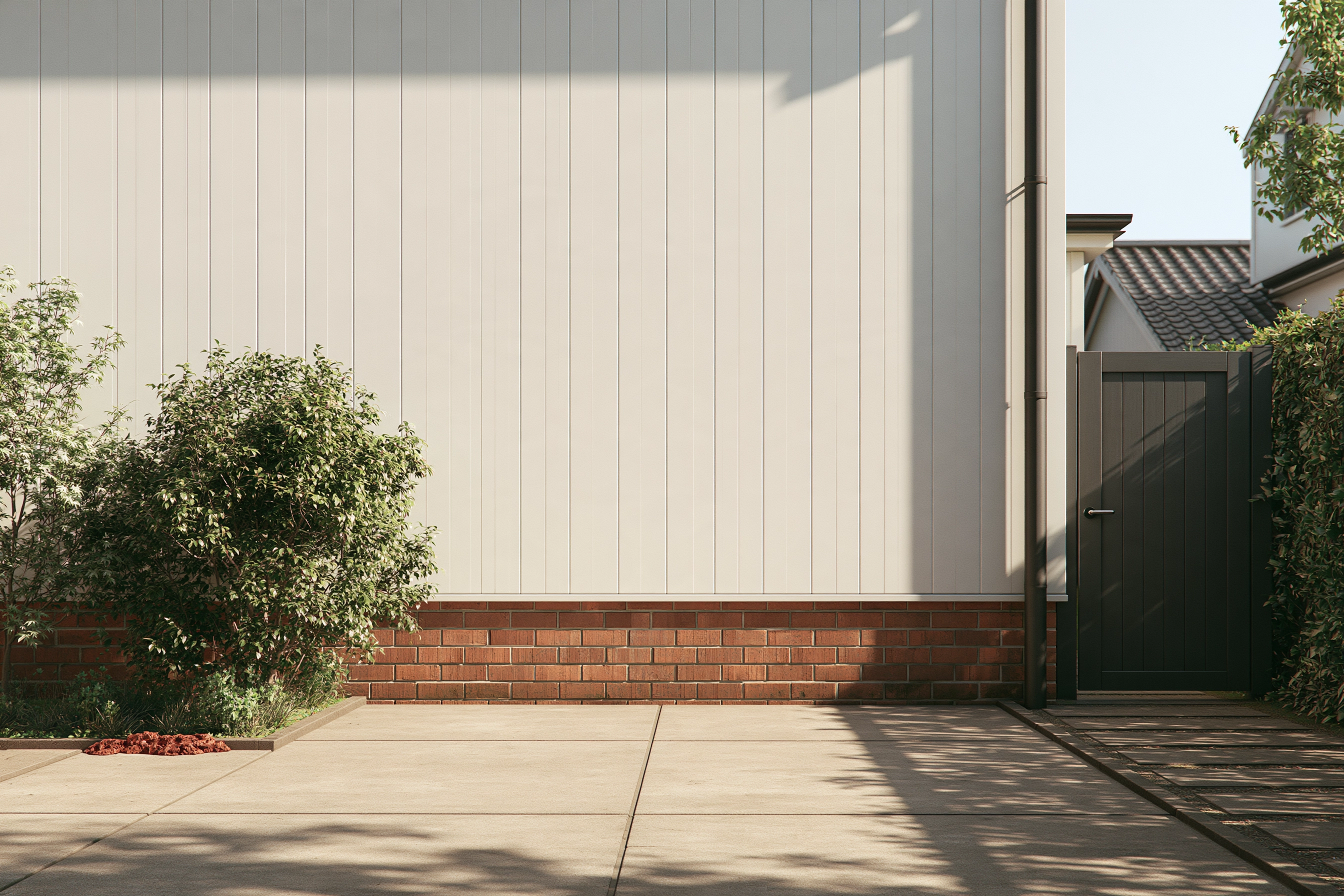 Digital architectural artwork of tall ivory siding and a brick base beside a concrete area, charcoal side gate and shrubs.
