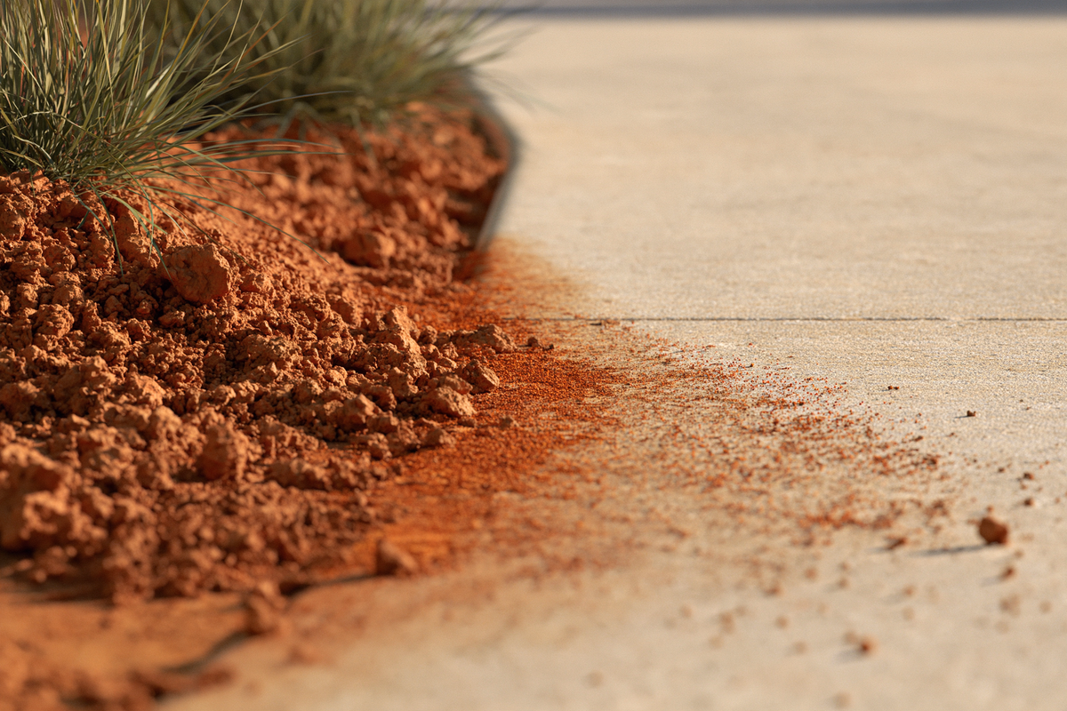 Digital artwork of red clay soil and fine sediment spreading from a grassy garden edge onto pale concrete.