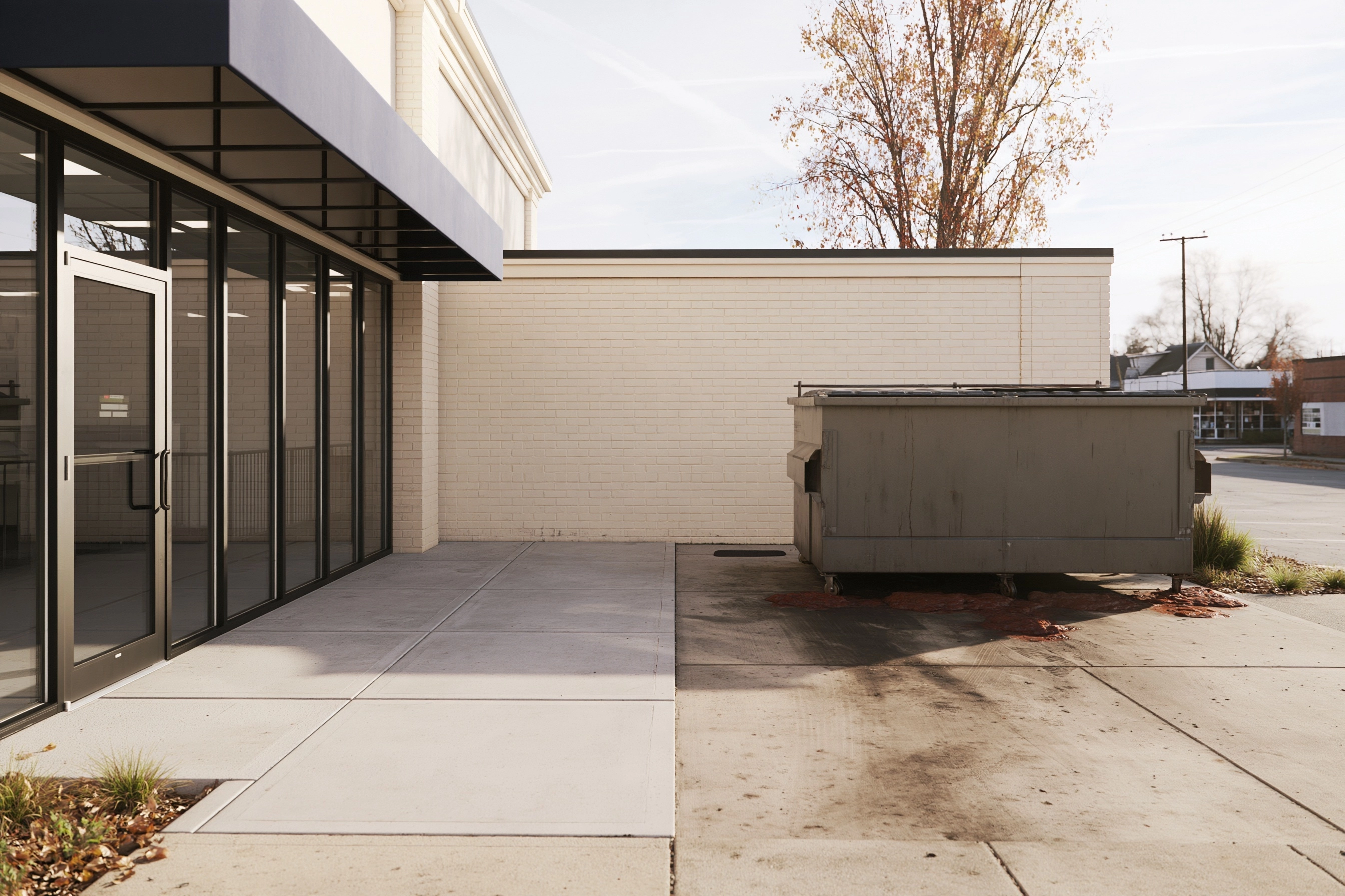 Commercial storefront entrance and concrete customer walk beside a dumpster and a stained service pad