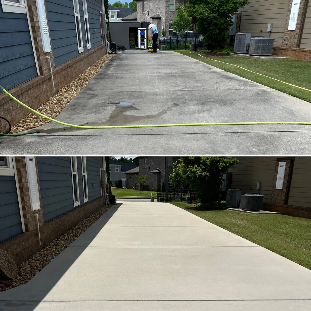Residential concrete driveway before and after cleaning