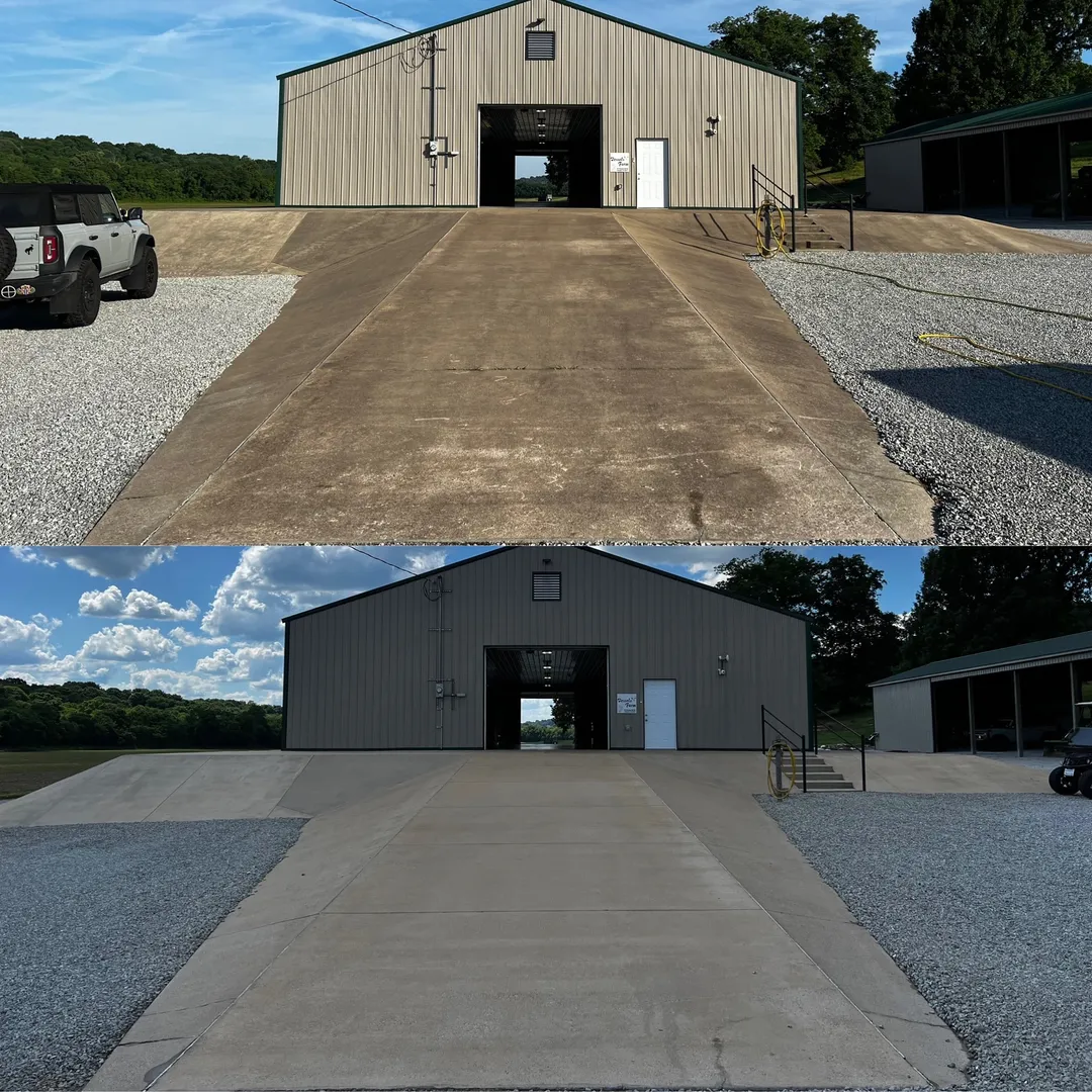 Wide concrete building apron before and after cleaning