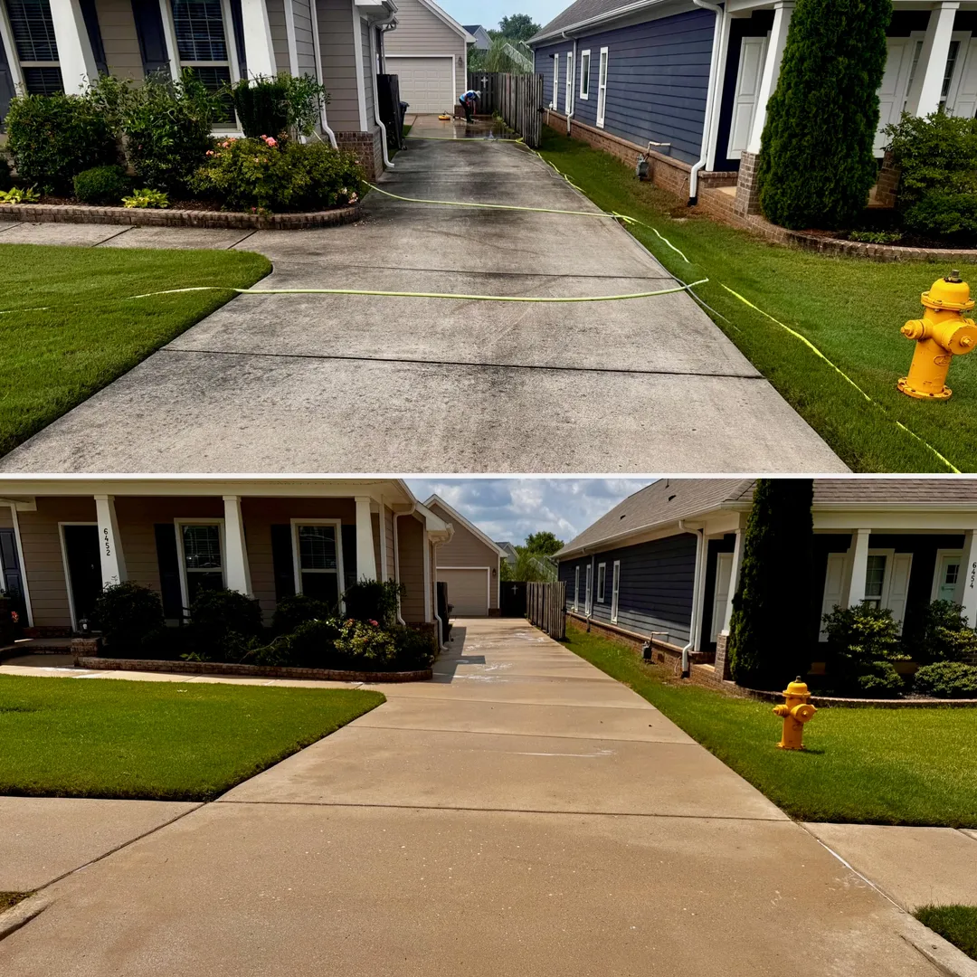 Long residential concrete driveway before and after cleaning