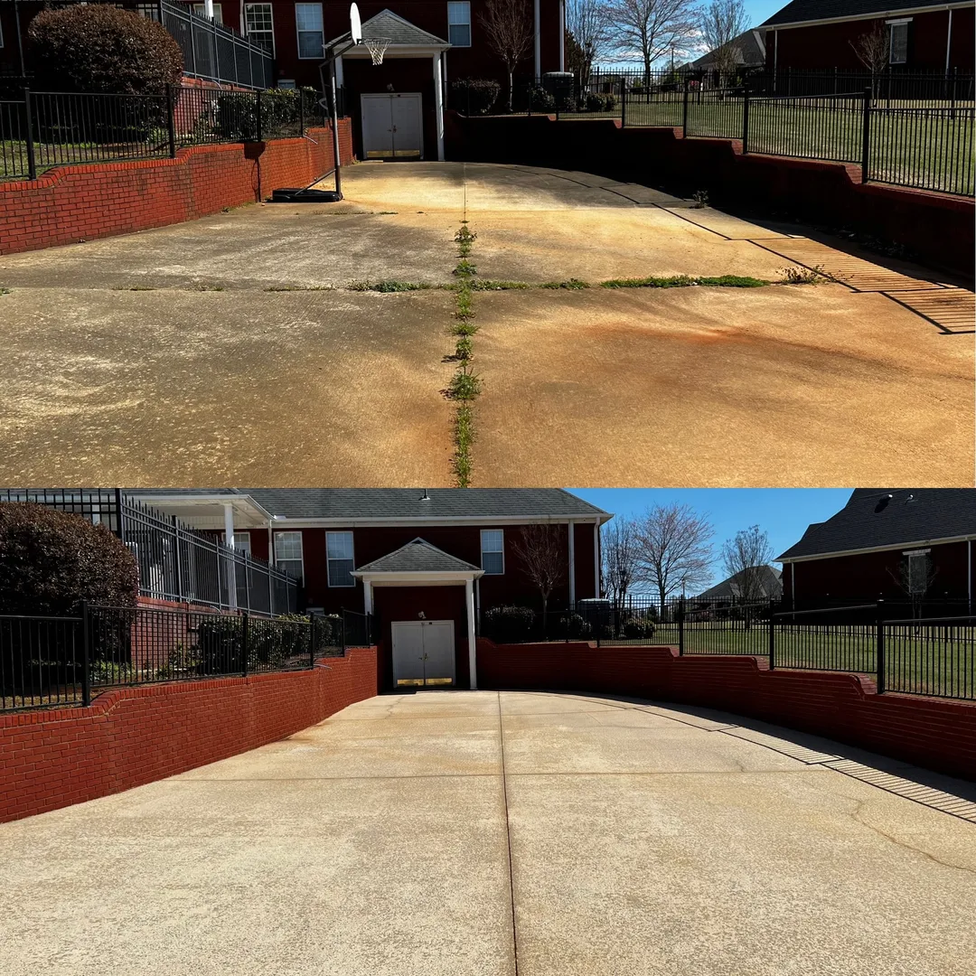 Walled concrete driveway before and after cleaning