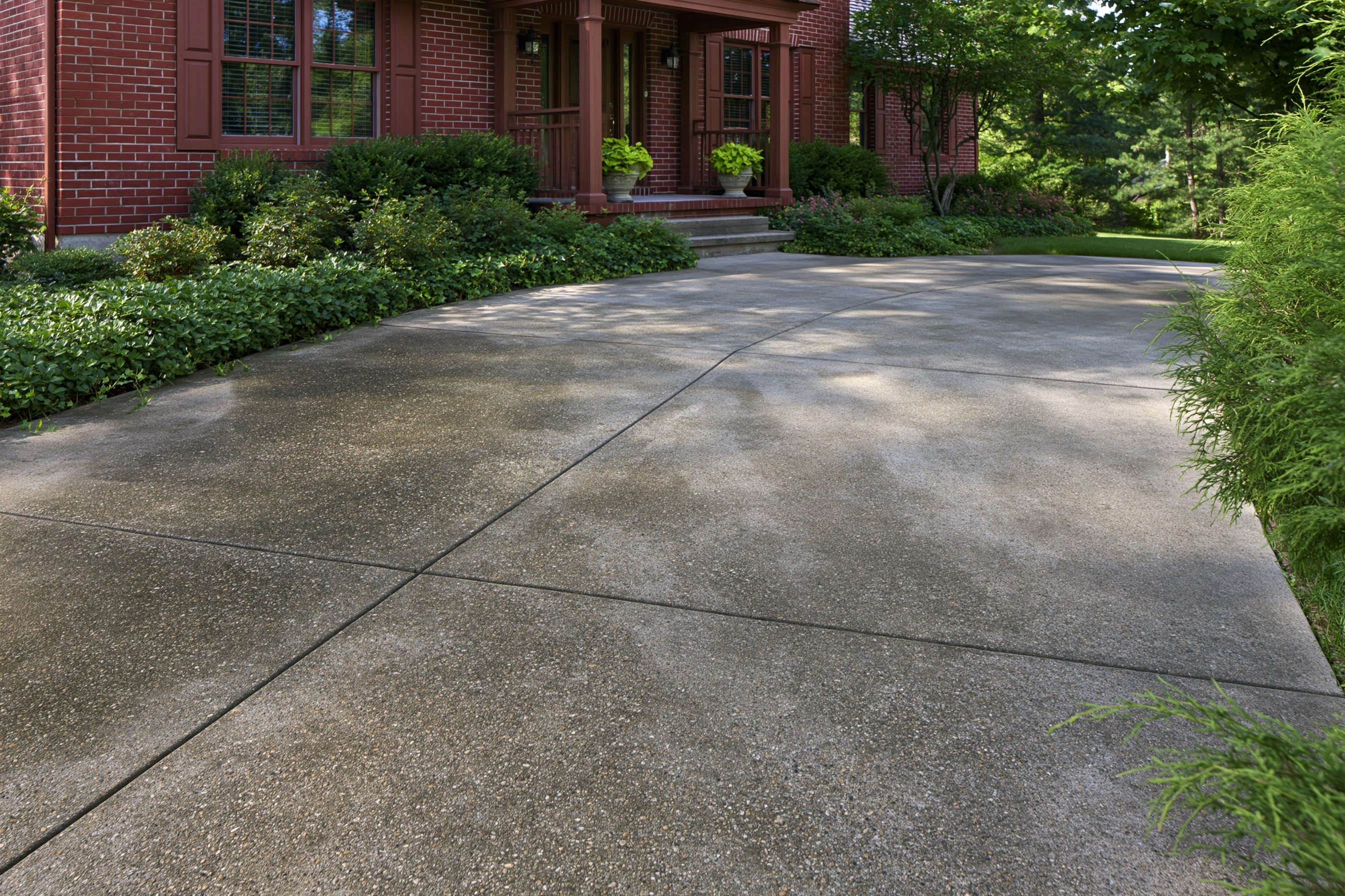 Weathered concrete driveway with darker organic buildup near plantings beside a brick house