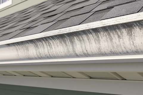 Illustration of dark tiger stripes on a white gutter projecting in front of separate fascia and soffit