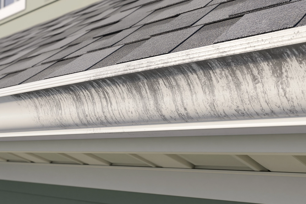 Illustration of dark tiger stripes on a white gutter projecting in front of separate fascia and soffit