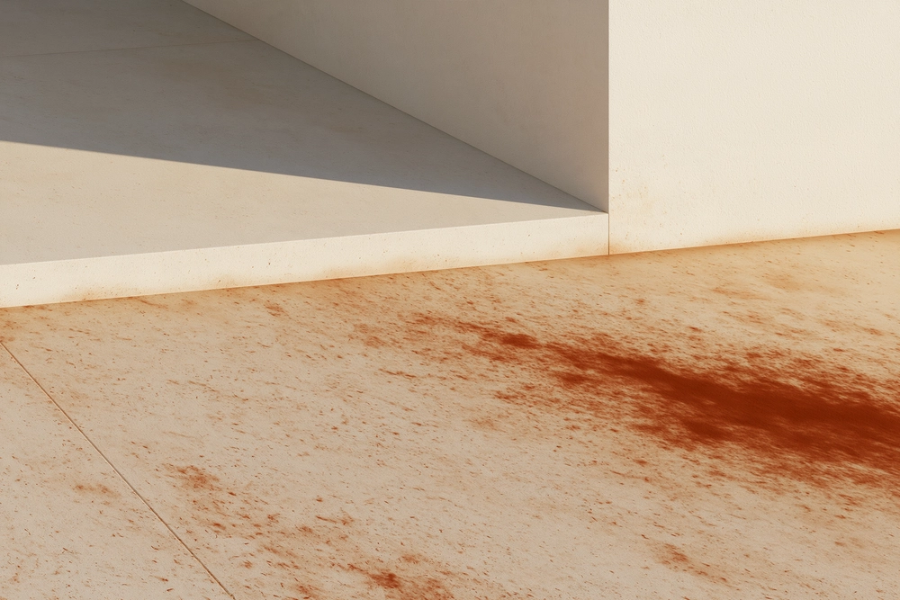 Illustration of orange clay staining on concrete beside a house wall