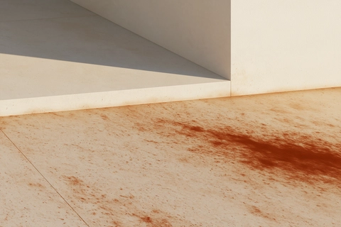 Illustration of orange clay staining on concrete beside a house wall