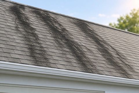 Illustration of dark streaks across a gray shingle roof, showing the slope from ridge to eave