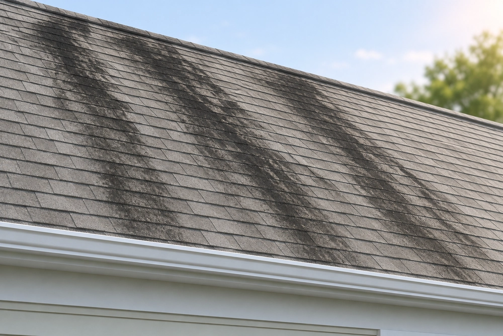 Illustration of dark streaks across a gray shingle roof, showing the slope from ridge to eave