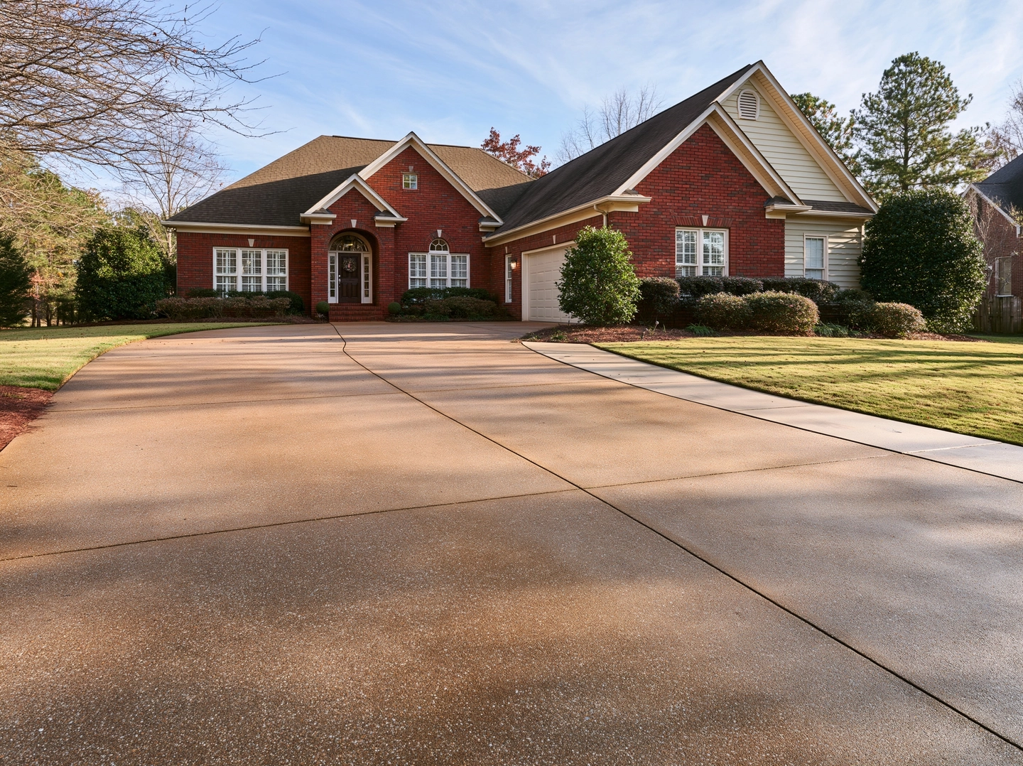 Wide concrete driveway with visible joints and aggregate leading to a red-brick house and garage