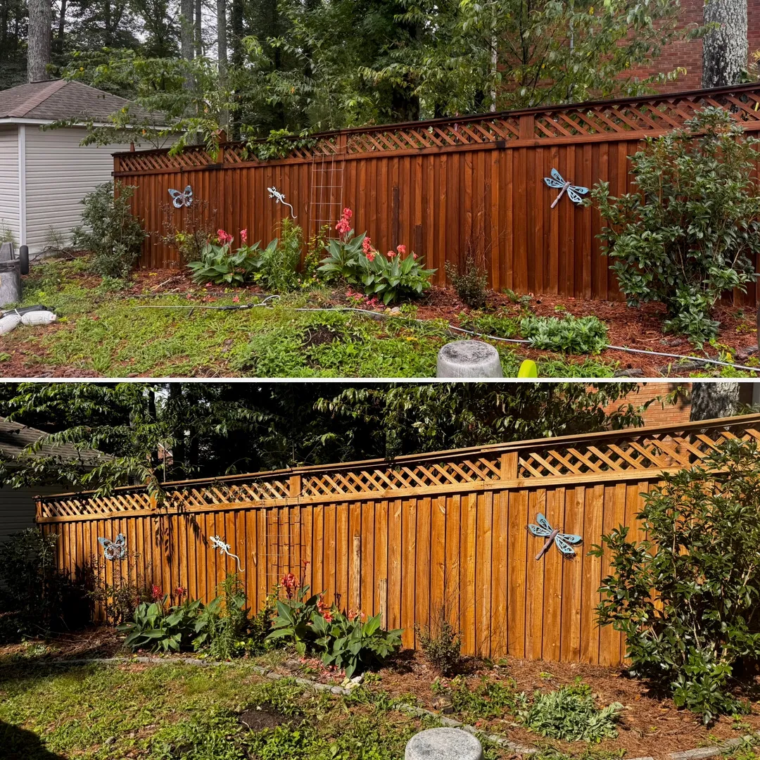 Wood privacy fence before and after cleaning and brightening