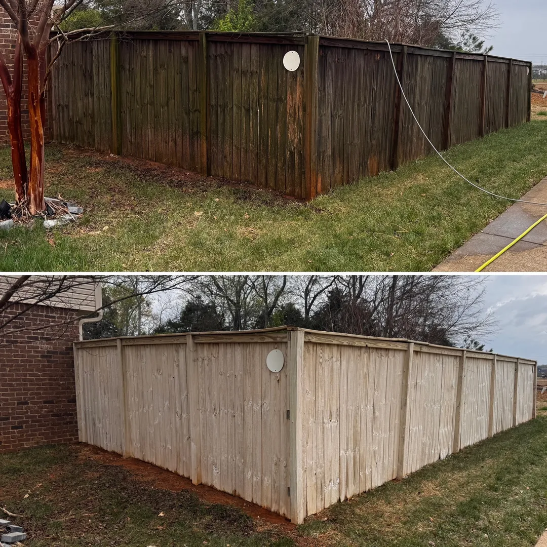 Dark weathered wood fence before and after cleaning