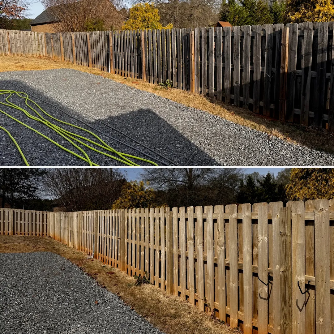 Long wood fence line before and after cleaning