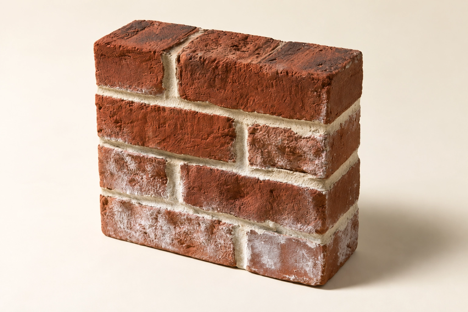 Isolated red-brick and mortar sample with a localized powdery white deposit across its lower courses.