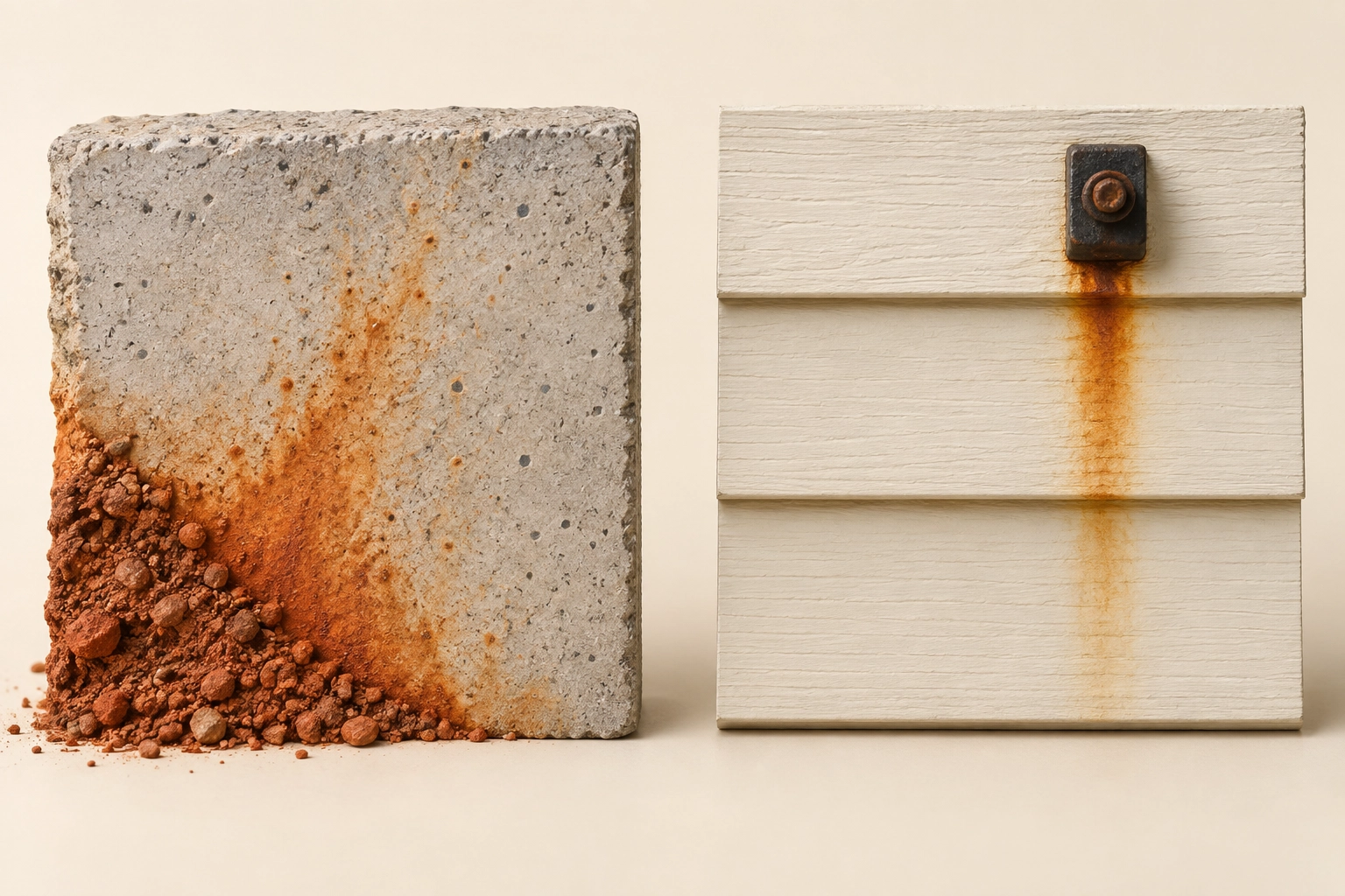 Side-by-side illustrative samples of red clay splashed onto concrete and rust runoff below metal hardware on pale siding.