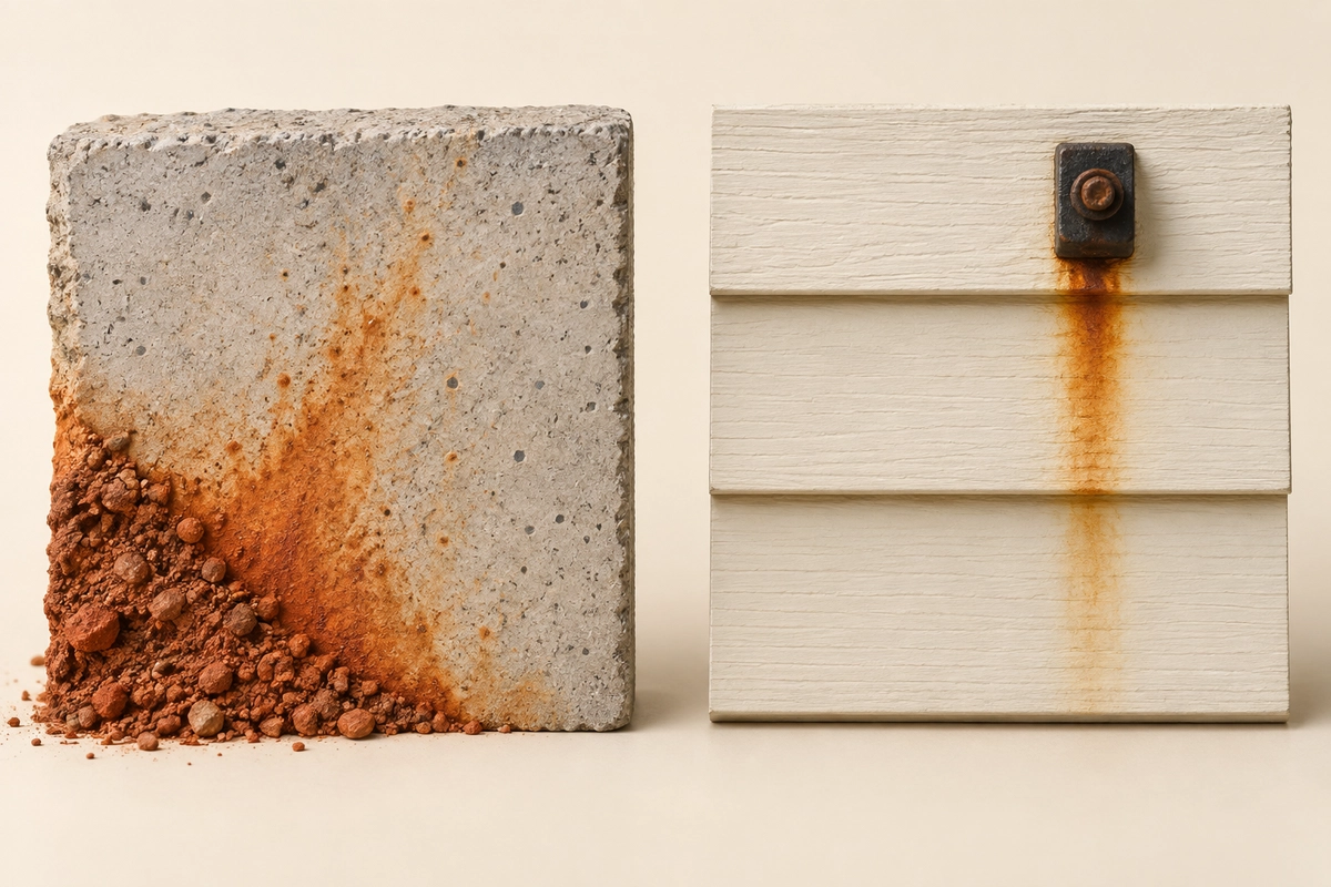 Illustrative comparison of red clay splashed onto a concrete block and rust runoff below metal hardware on pale siding