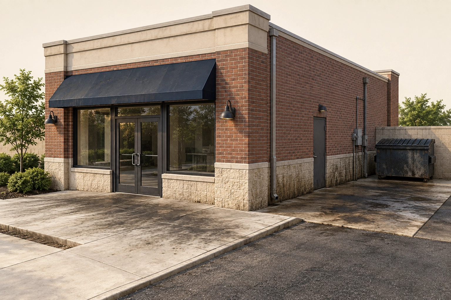 Illustrative storefront with foot-traffic buildup on the public sidewalk and heavier buildup at a rear service pad.
