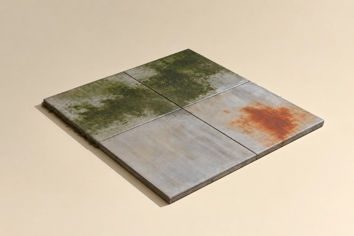Illustrative concrete slabs with broad green organic buildup on the shaded side and a separate orange stain on another slab