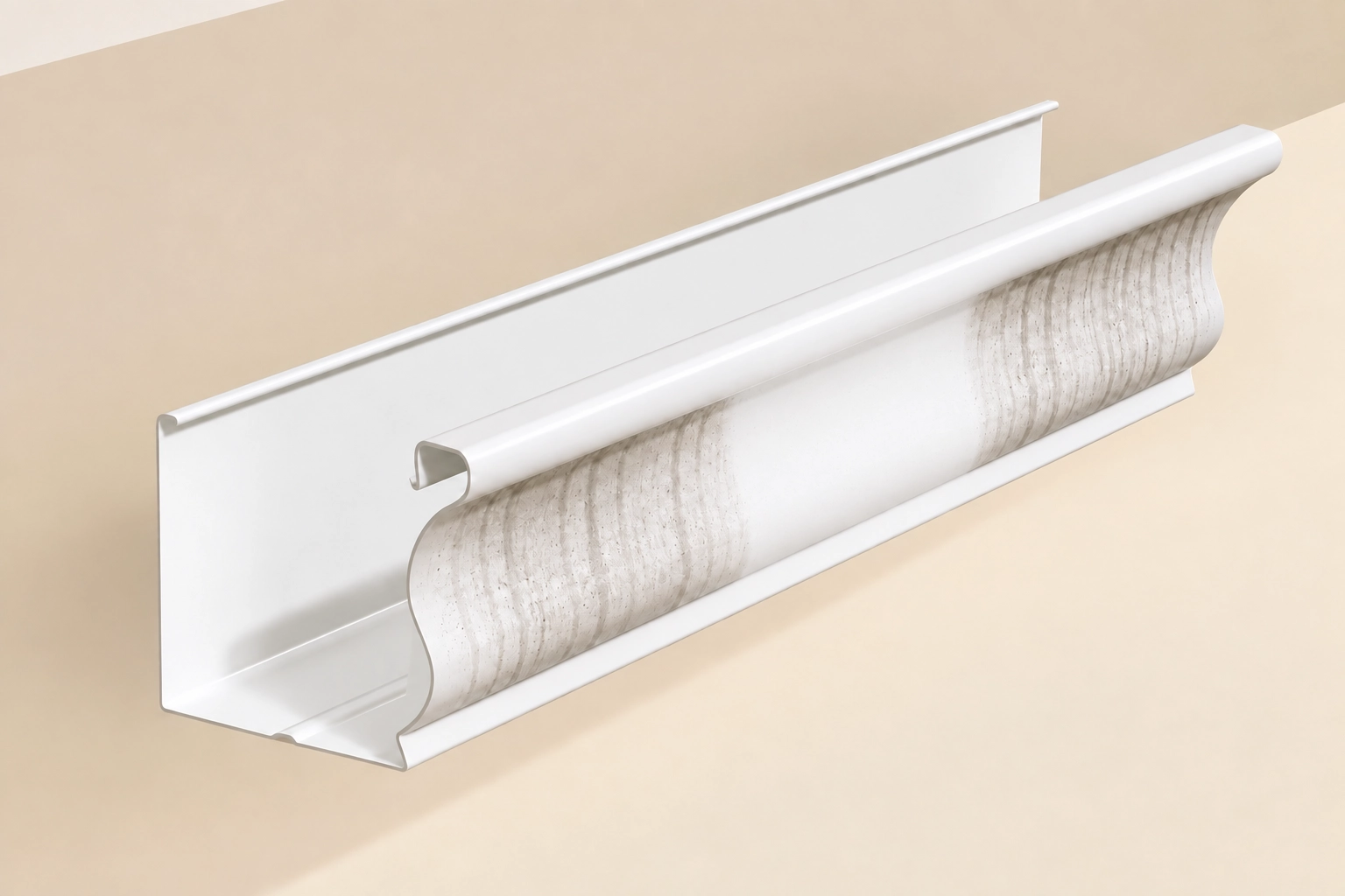 Illustrative gutter profile showing gray stripes and a clean swath on its outside face, with the interior channel separate