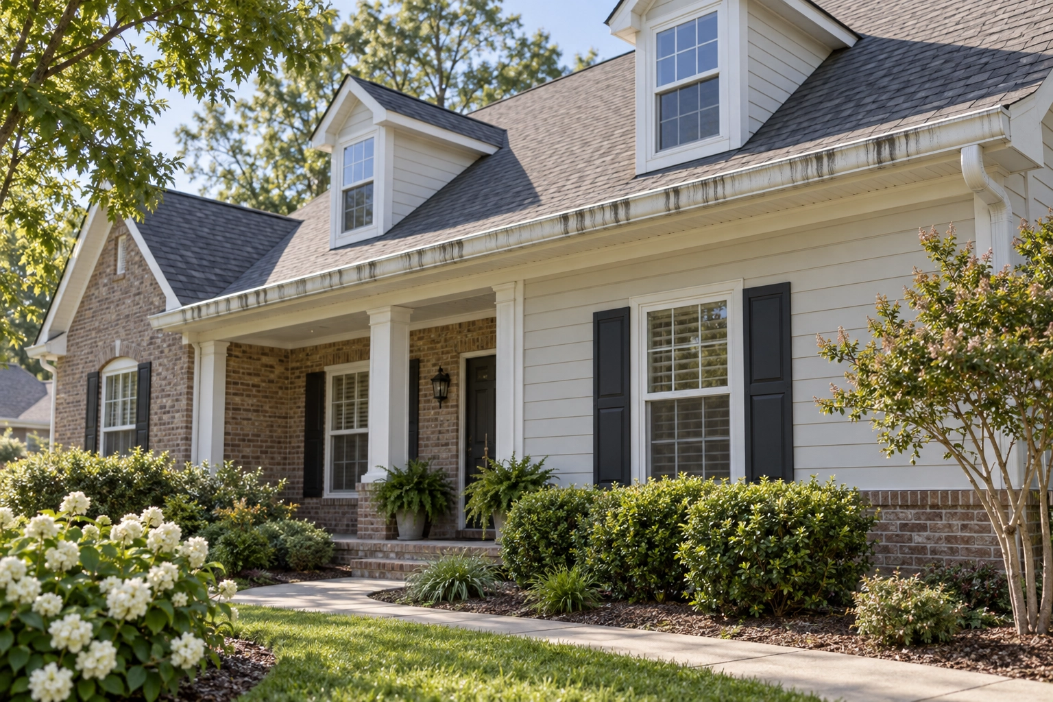 White and brick house with dark vertical streaks on the exterior gutter face along the roofline