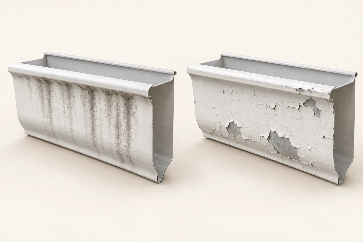 Two white gutter sections side by side: dark vertical streaks on intact paint and peeling paint with exposed gray metal