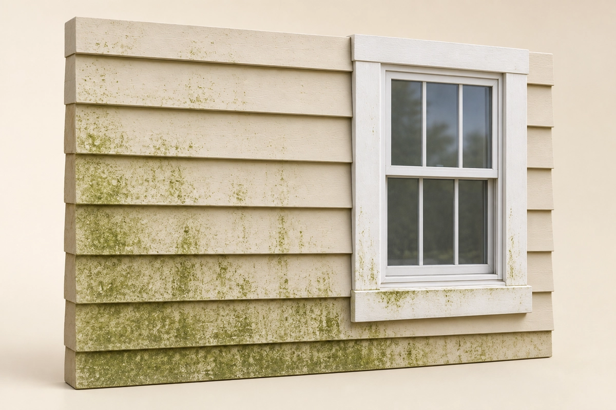Illustrative sample of horizontal house siding with green buildup strongest on the lower boards beside a white-trimmed window