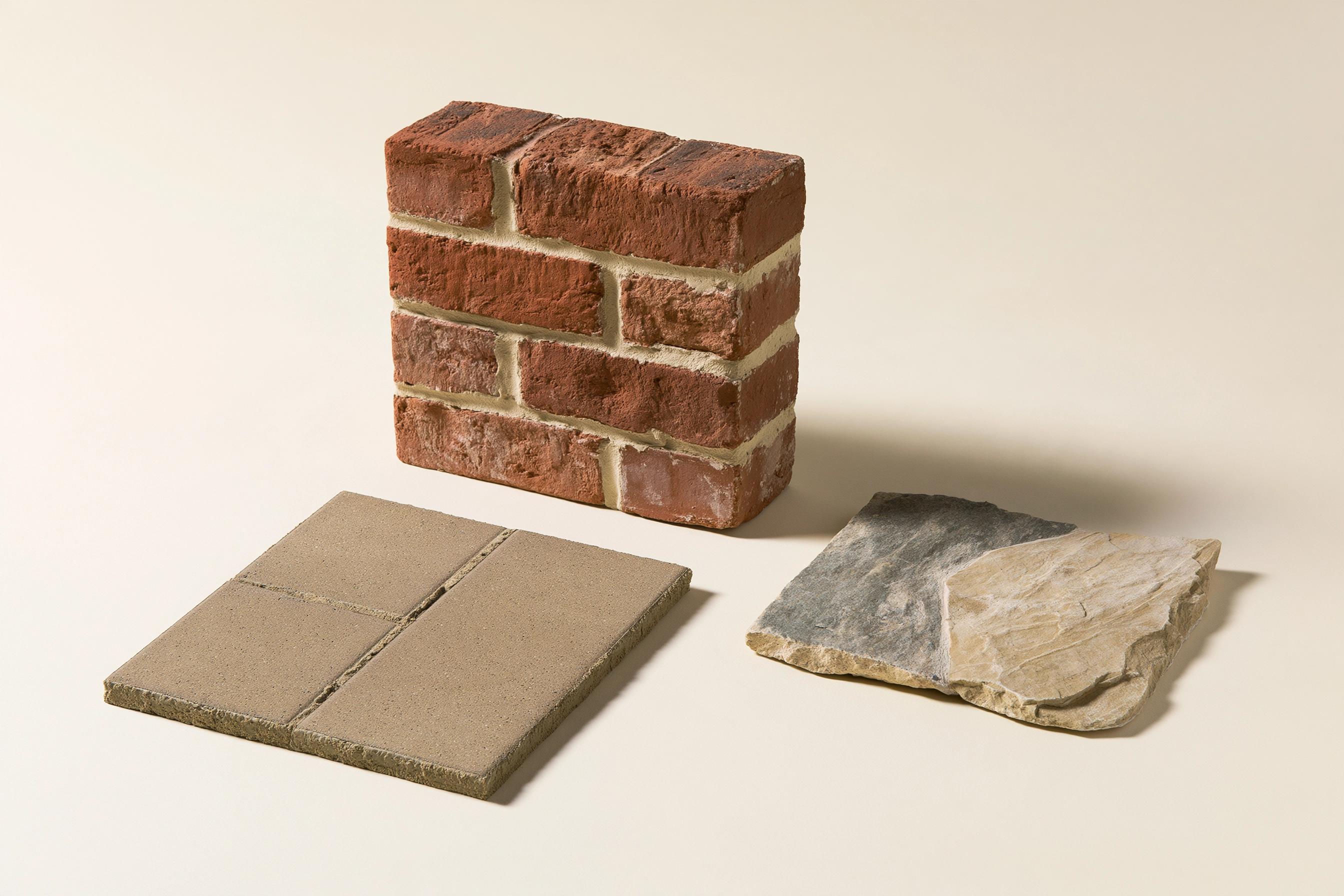 Illustration of three material samples showing concrete pavers with sand joints, red brick with mortar and irregular natural stone