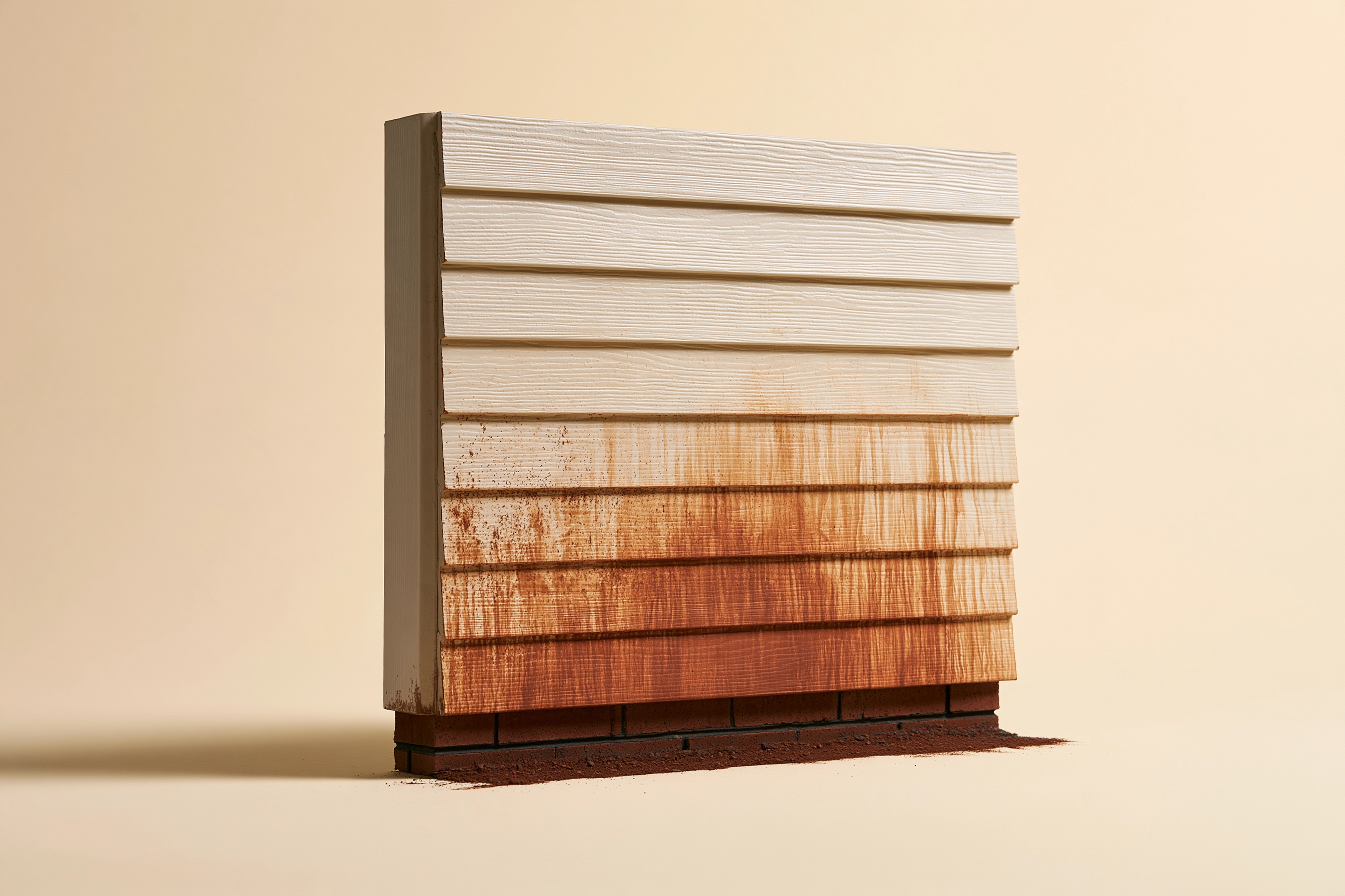 Illustration of cream lap siding above a brick foundation with orange mineral streaks concentrated along the lower boards