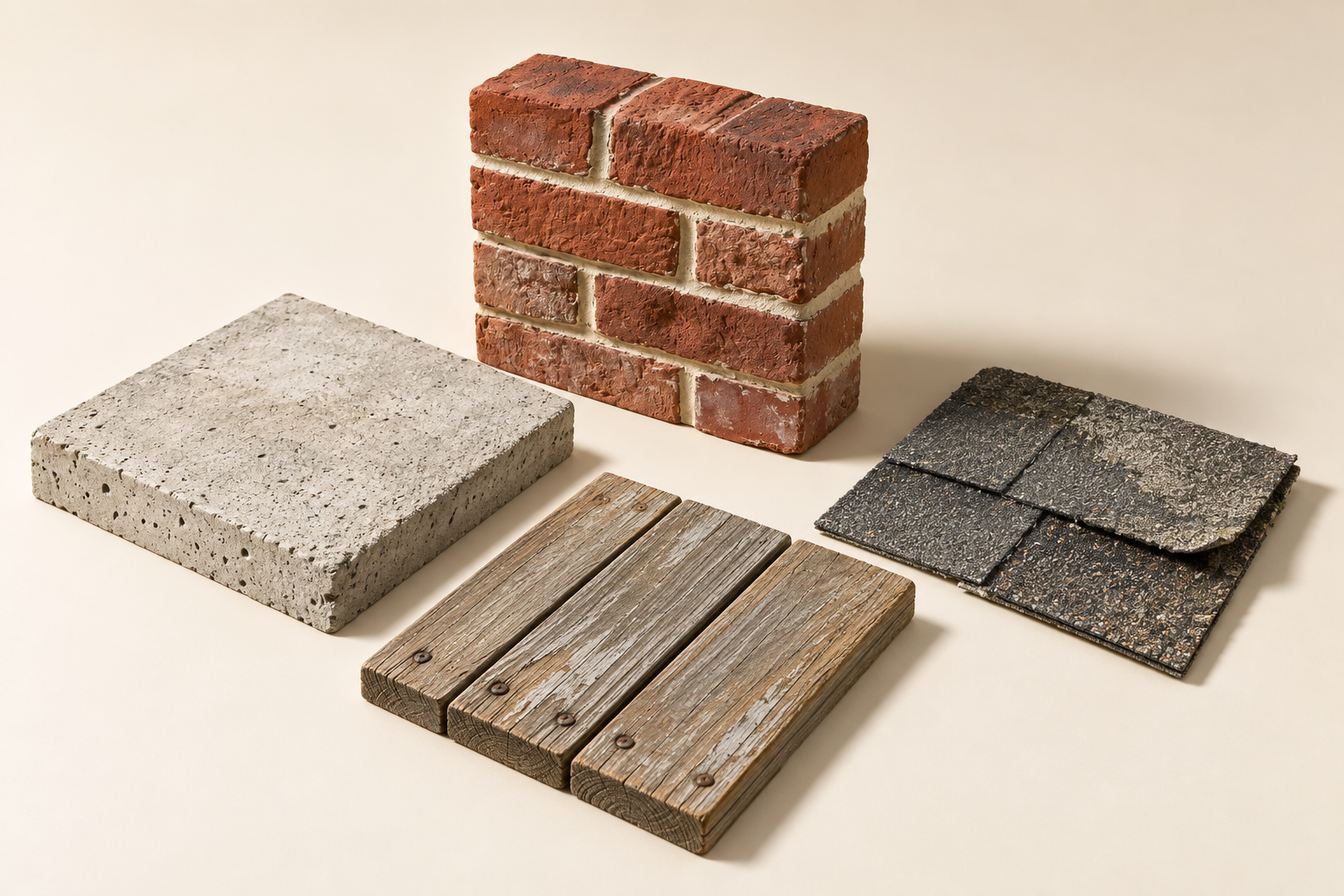 Illustrated samples of a concrete slab, brick and mortar, weathered coated wood, and asphalt shingles