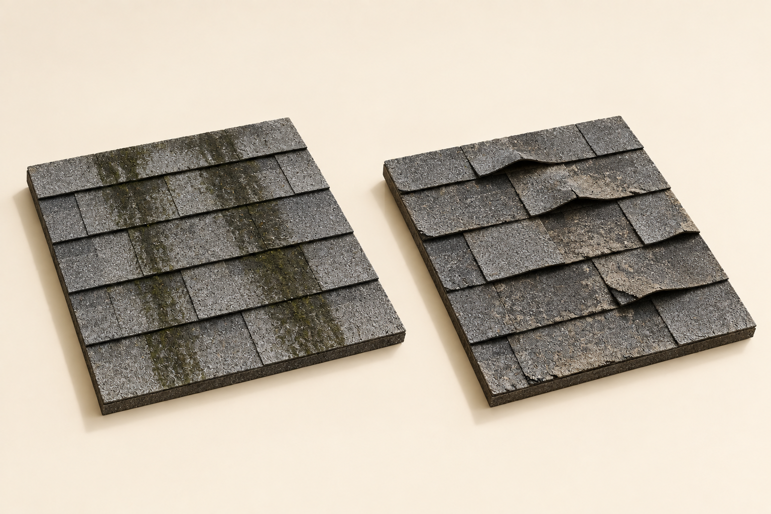 Two dimensional asphalt-shingle roof samples: dark streaks across intact shingles on the left, and visibly worn and lifted shingles on the right