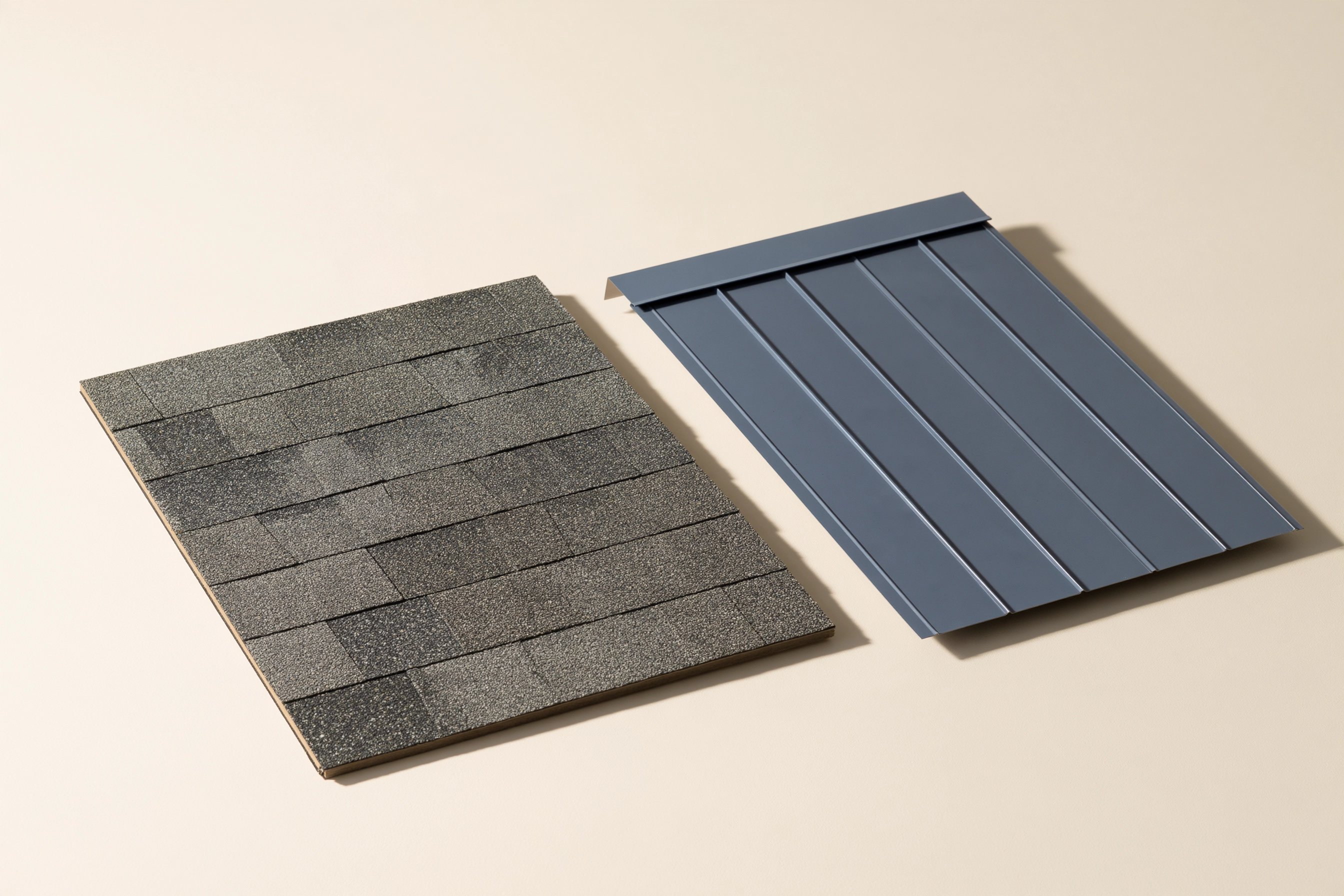 Illustration of asphalt-shingle and standing-seam coated-metal roof samples shown side by side