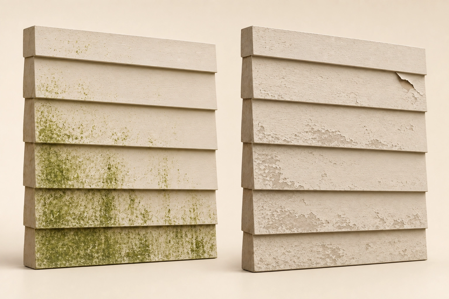 Two cream lap-siding samples, one with green surface growth and the other with a worn, peeling finish.