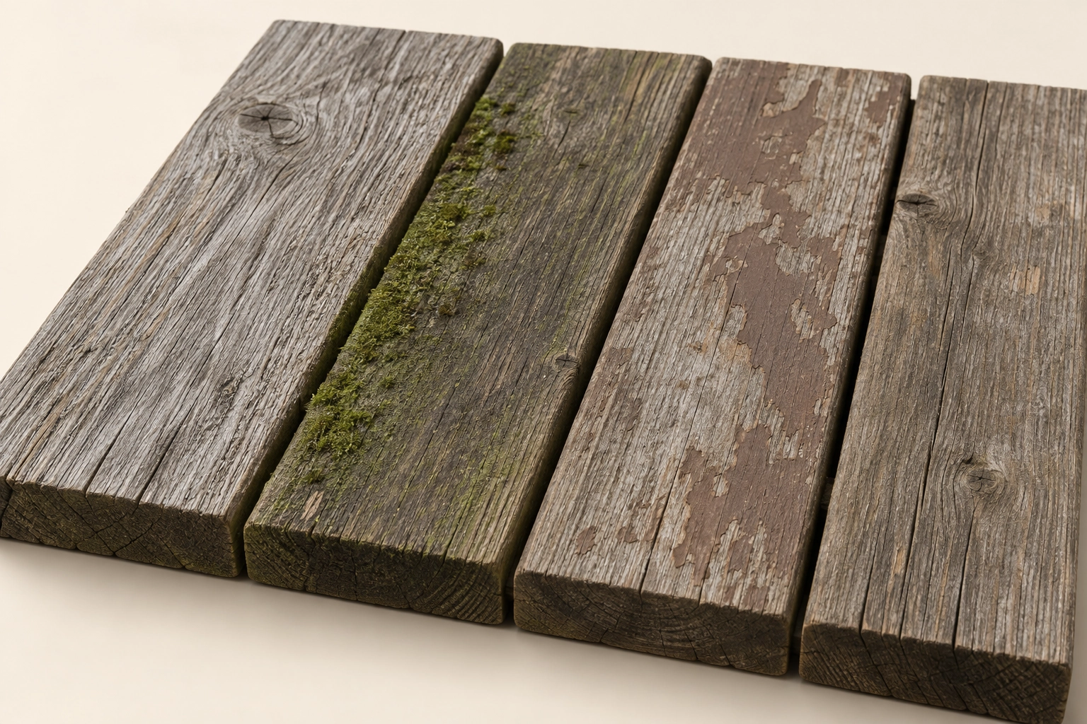Weathered deck boards with sun-gray fibers, green growth near a joint and remnants of an old coating.