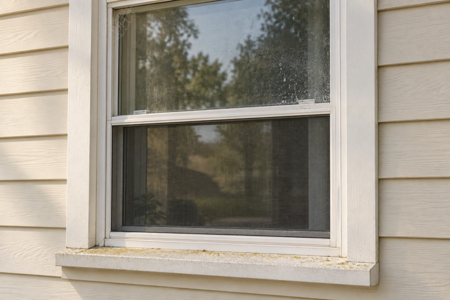 White-framed exterior window with pollen on its sill, cobwebs at a corner and ordinary film on the glass.