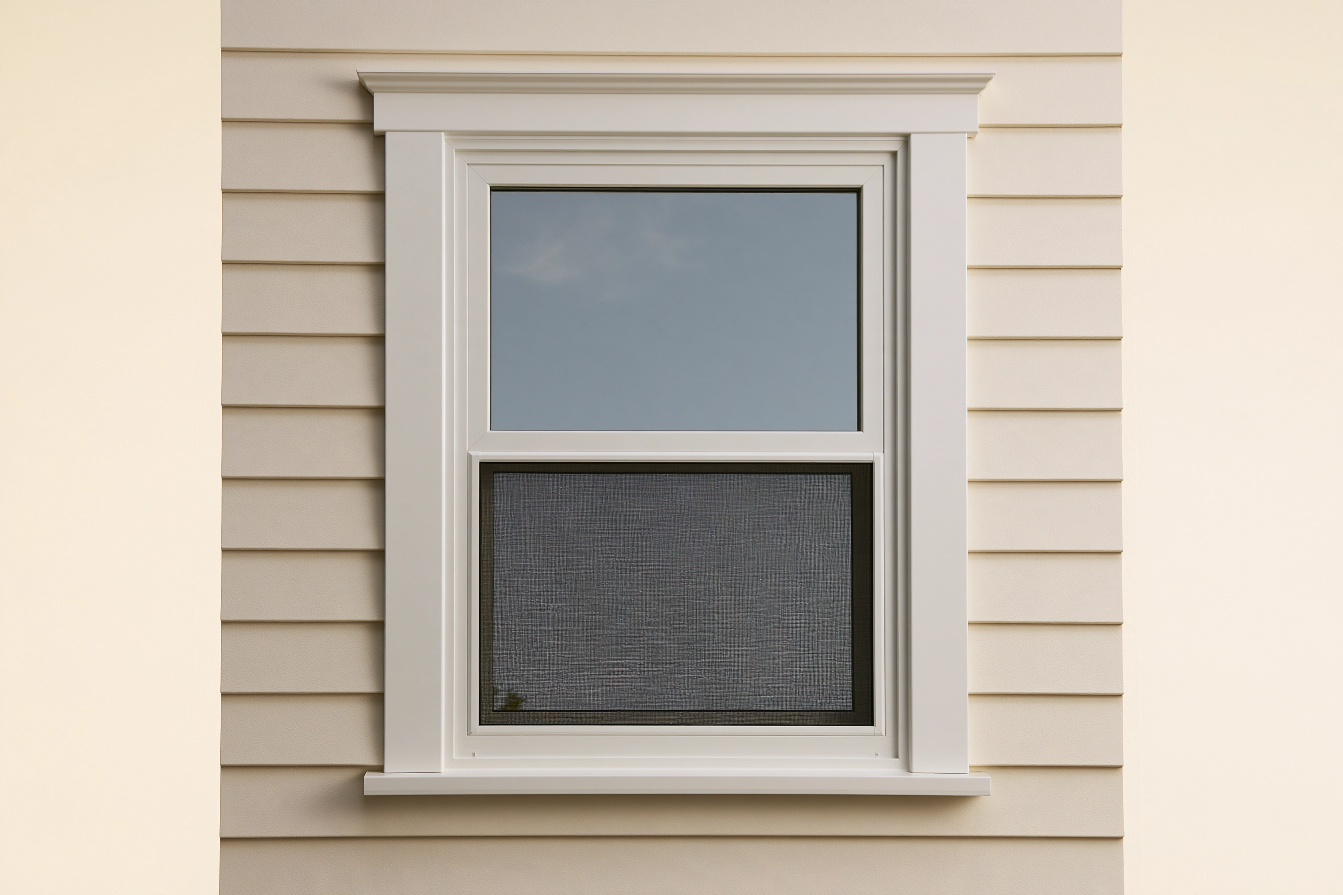 Illustration of a white-framed exterior window with a clear upper pane and a fine mesh screen across the lower sash