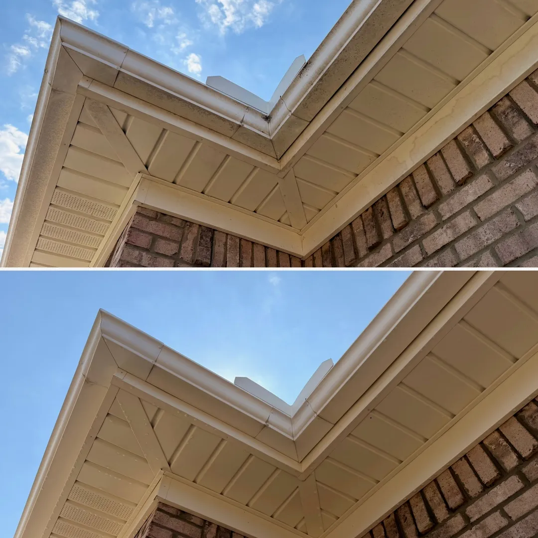 Exterior gutter face before and after gutter whitening