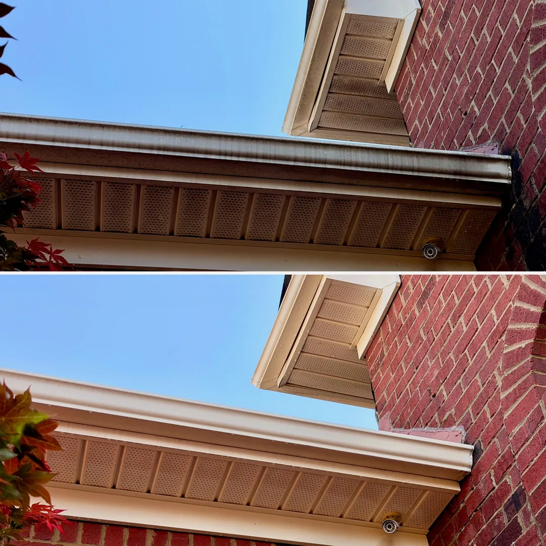Exterior gutter roofline before and after brightening