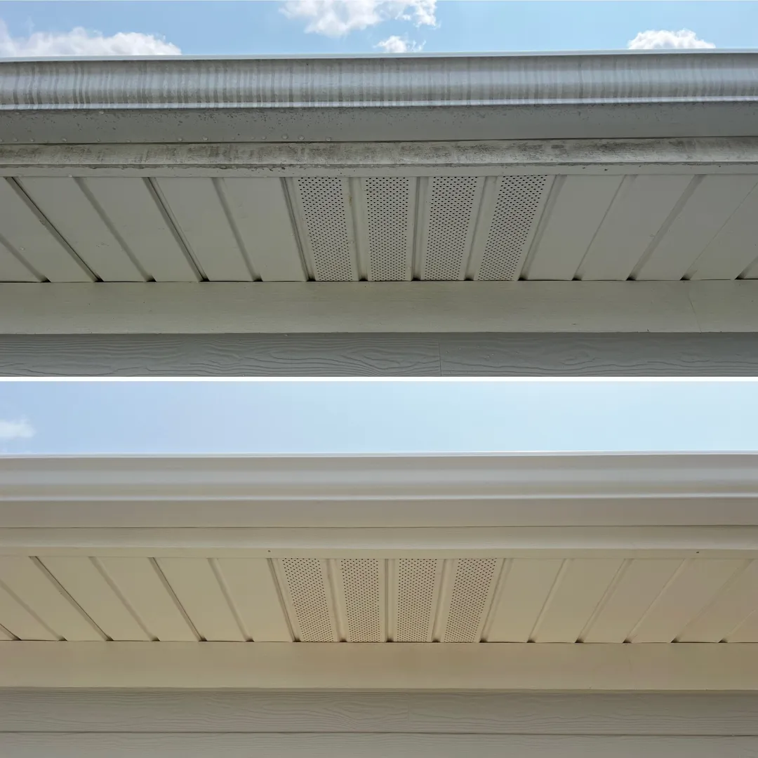 Exterior gutter and soffit before and after brightening
