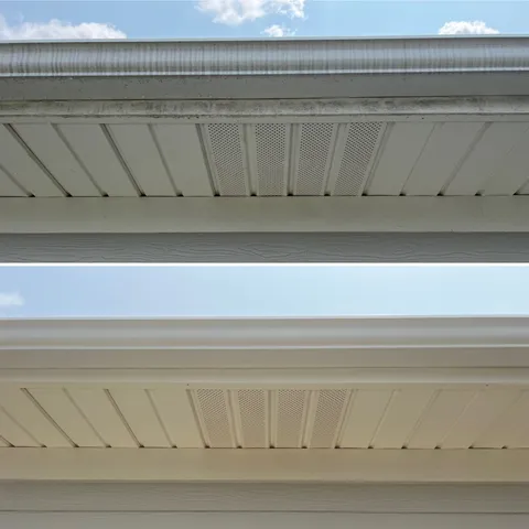 Exterior gutter and soffit before and after brightening