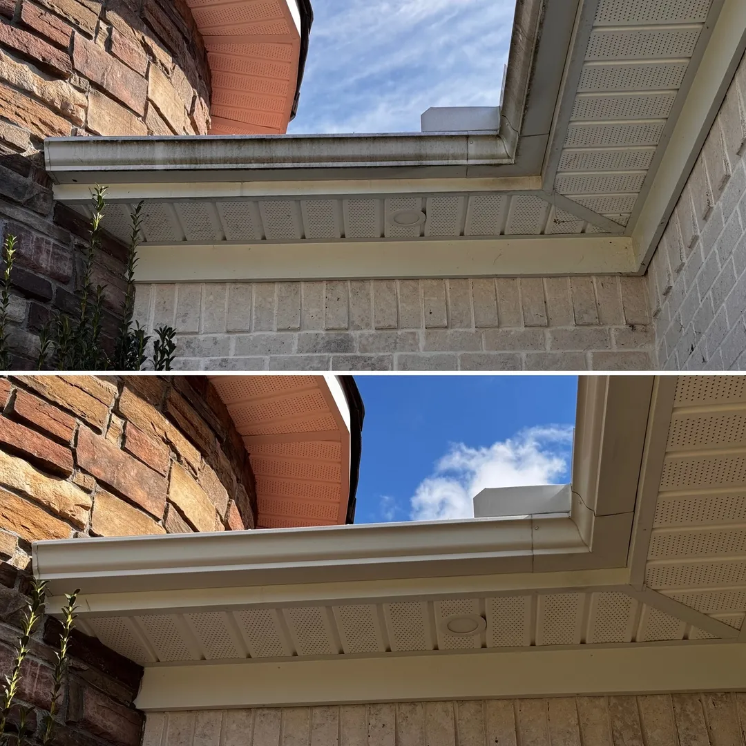 Exterior gutter corner between brick walls before and after whitening