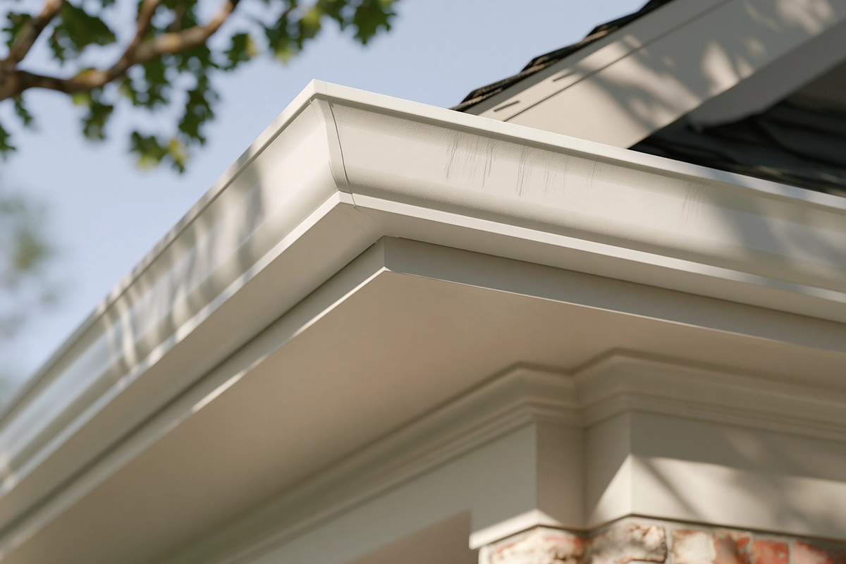 Digital architectural artwork of subtle gray vertical weather streaks on a white gutter above a cream soffit and brick corner, viewed from below.