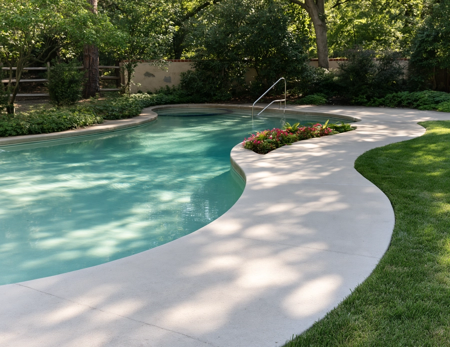 Curved concrete pool deck with a handrail and dappled tree shade beside blue-green water