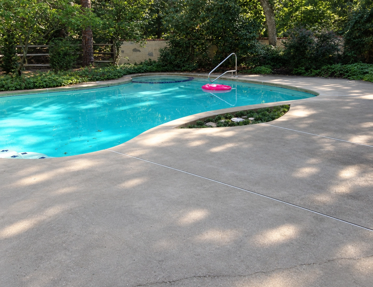 Curved concrete pool deck with thin control joints, a handrail and dappled tree shade beside blue water