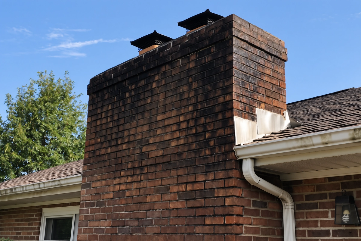 Dark-stained brick chimney with two capped flues above intersecting shingle roof slopes
