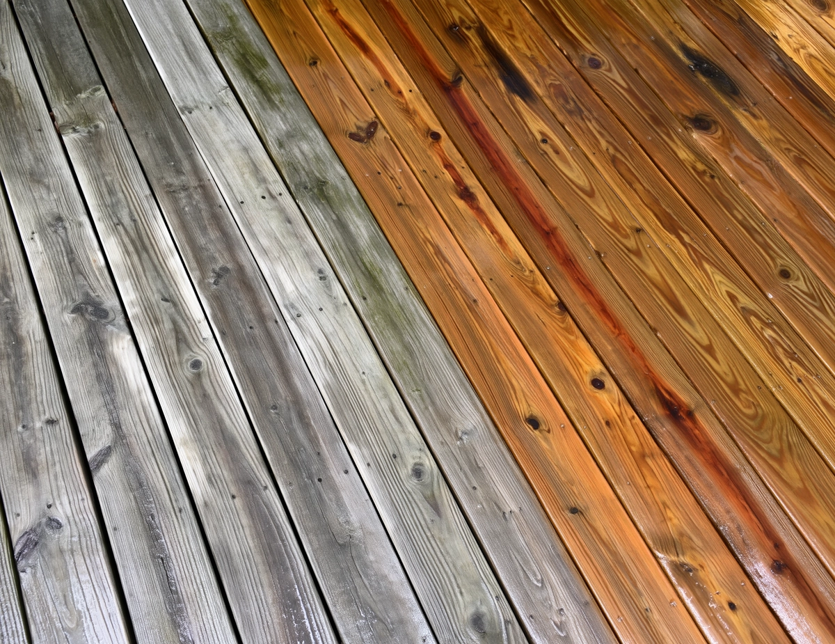 Illustrative wood-deck comparison with continuous diagonal boards, weathered gray at left and warmer wet wood at right