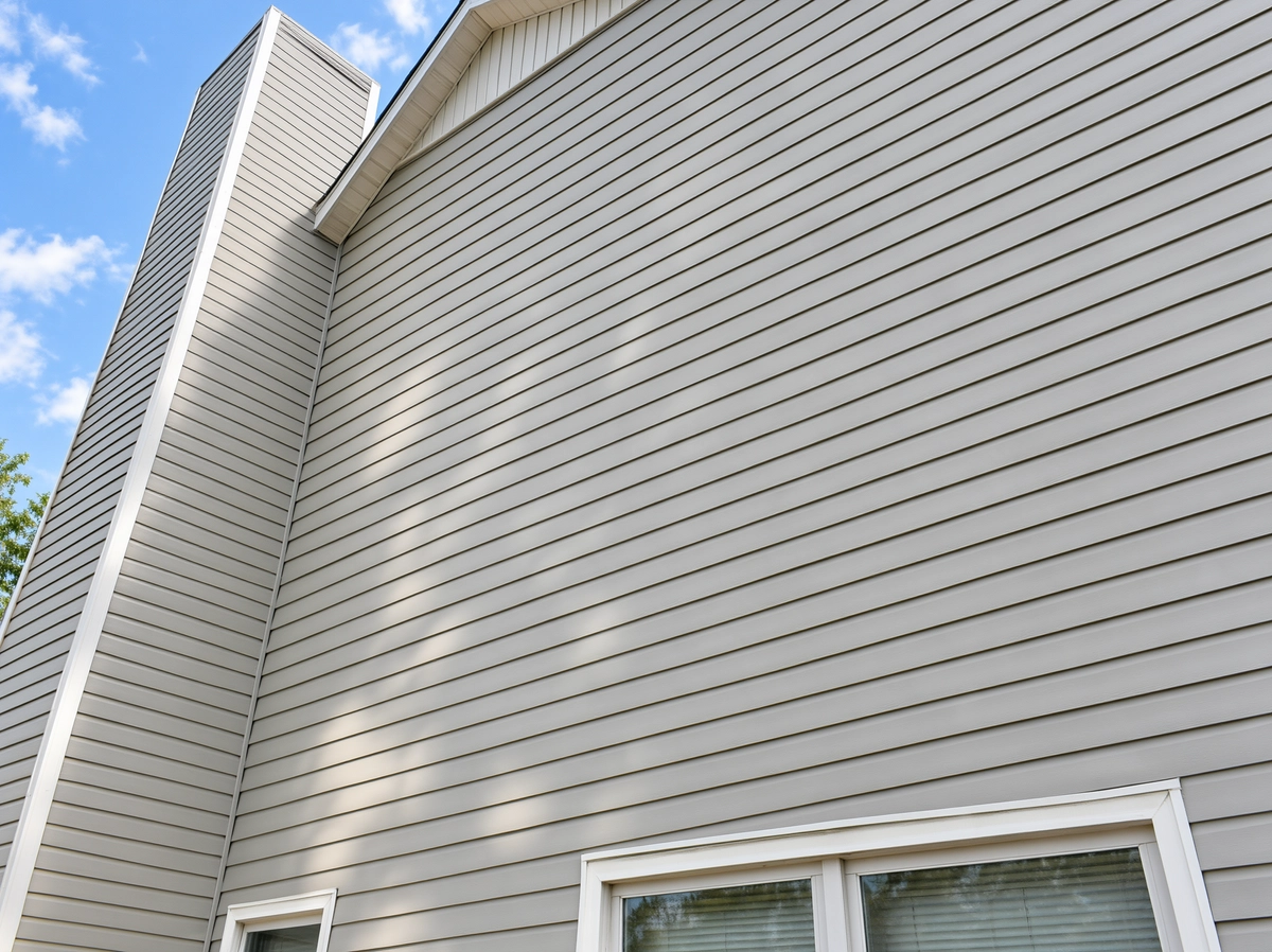 Clean gray horizontal house siding, lower windows and white roof trim viewed from below